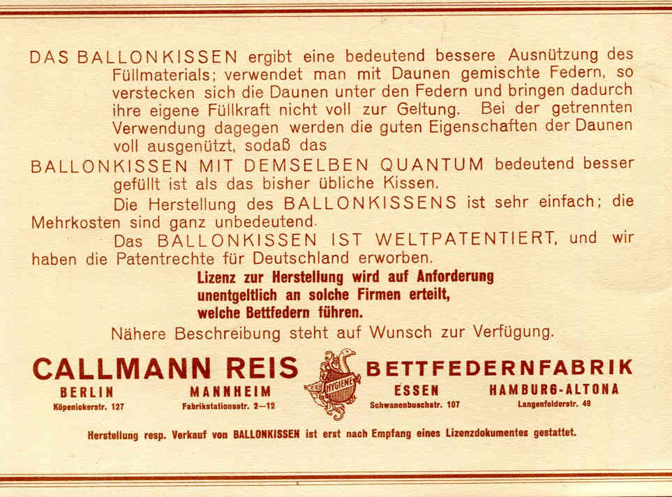 Bettfedernfabrik Callmann Reis
