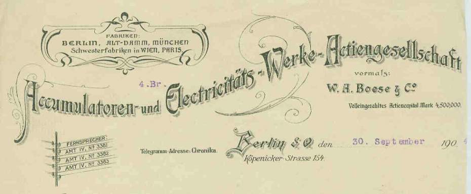 Briefkopf Accumulatoren und Elektriciäts Werke