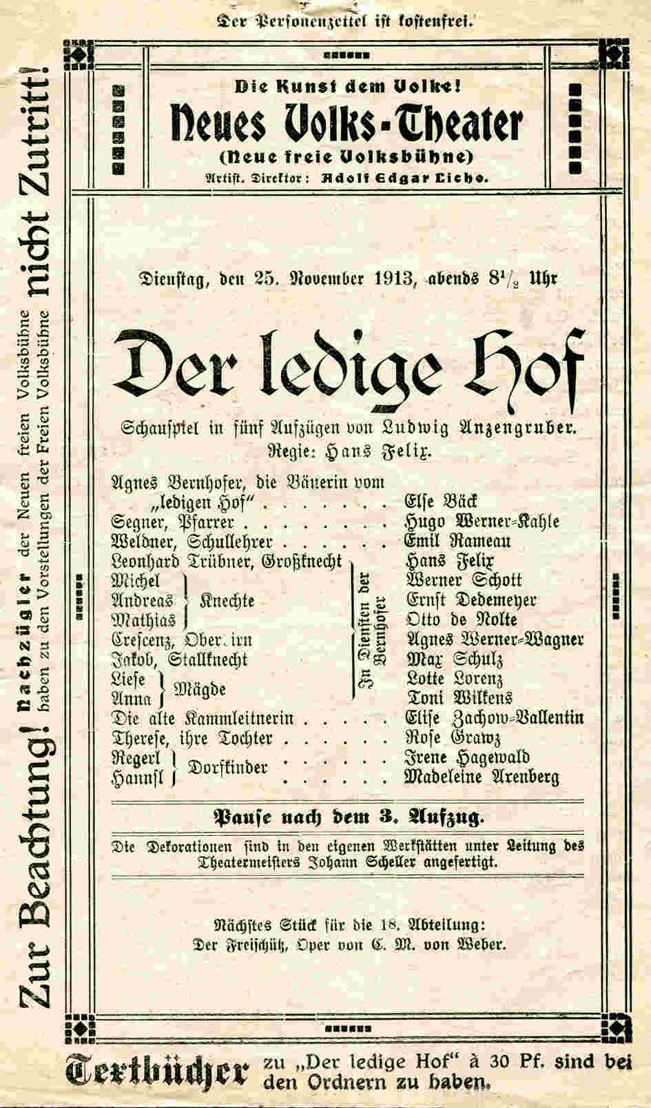 Programmheft Volks Theater 1913